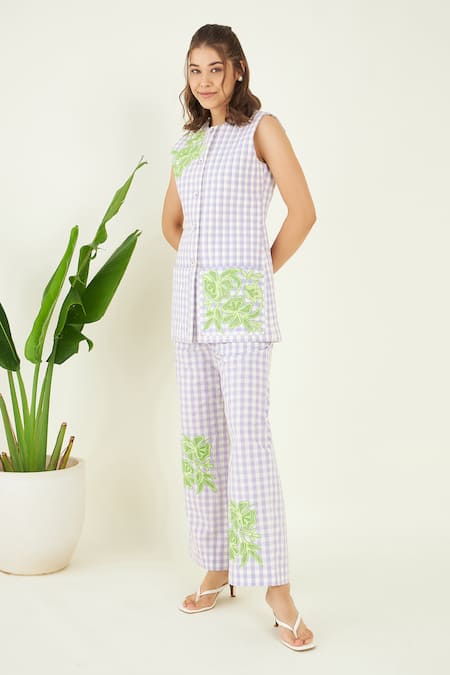 Shop_Bohobi_Purple Cotton Fabric Eunoia Buffalo Check Floral Patch Work Jacket With Trouser _Online_at_Aza_Fashions