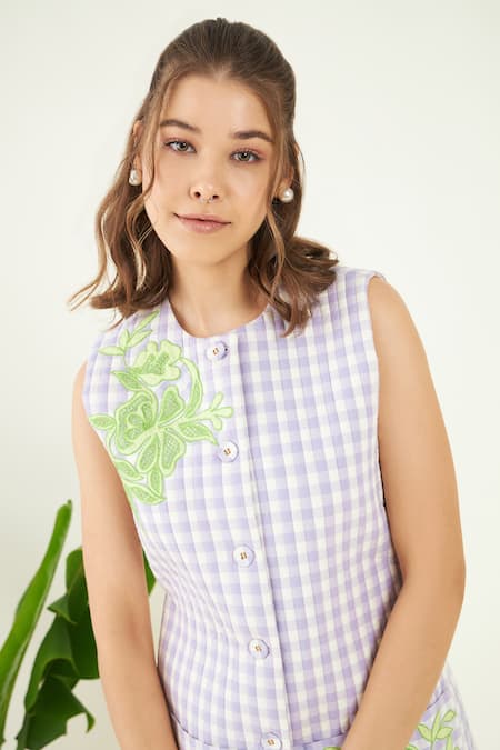 Bohobi_Purple Cotton Fabric Eunoia Buffalo Check Floral Patch Work Jacket With Trouser _at_Aza_Fashions