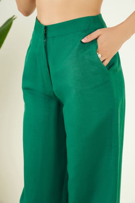 Buy_Bohobi_Green Linen Embroidery V-neck Bullian Leaf Vest With Trouser _Online_at_Aza_Fashions