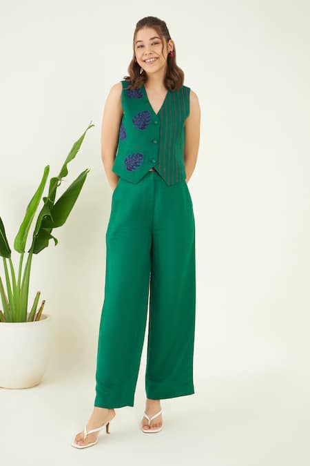 Shop_Bohobi_Green Linen Embroidery V-neck Bullian Leaf Vest With Trouser _Online_at_Aza_Fashions
