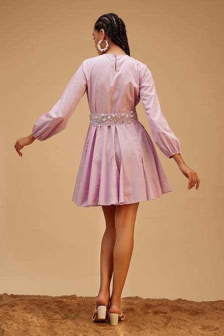 Shop Bohobi Purple Cotton Beads Round Neck Solid Flared Short Dress With Embellished Belt at Aza Fashions Shop_Bohobi_Purple Cotton Beads Round Neck Solid Flared Short Dress With Embellished Belt_at_Aza_Fashions