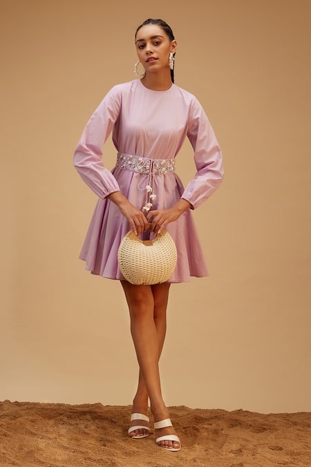 Bohobi Purple Cotton Beads Round Neck Solid Flared Short Dress With Embellished Belt Online at Aza Fashions Bohobi_Purple Cotton Beads Round Neck Solid Flared Short Dress With Embellished Belt_Online_at_Aza_Fashions