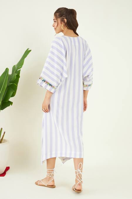 Shop Bohobi White Cotton Mirrors V-neck Galene Embroidered Striped Kaftan at Aza Fashions Shop_Bohobi_White Cotton Mirrors V-neck Galene Embroidered Striped Kaftan_at_Aza_Fashions