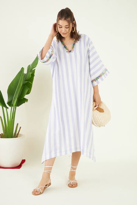 Bohobi White Cotton Mirrors V-neck Galene Embroidered Striped Kaftan Online at Aza Fashions Bohobi_White Cotton Mirrors V-neck Galene Embroidered Striped Kaftan_Online_at_Aza_Fashions