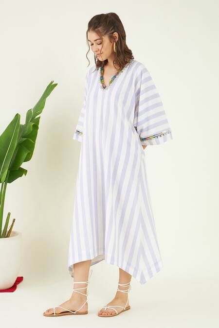 Buy Bohobi White Cotton Mirrors V-neck Galene Embroidered Striped Kaftan Online at Aza Fashions Buy_Bohobi_White Cotton Mirrors V-neck Galene Embroidered Striped Kaftan_Online_at_Aza_Fashions