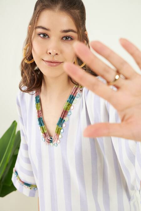 Shop Bohobi White Cotton Mirrors V-neck Galene Embroidered Striped Kaftan Online at Aza Fashions Shop_Bohobi_White Cotton Mirrors V-neck Galene Embroidered Striped Kaftan_Online_at_Aza_Fashions