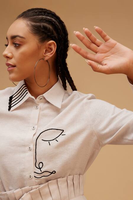 Buy Bohobi Off White Linen Embroidery, Ruffles Collared Eye Game Shirt With Shorts Online at Aza Fashions Buy_Bohobi_Off White Linen Embroidery, Ruffles Collared Eye Game Shirt With Shorts _Online_at_Aza_Fashions