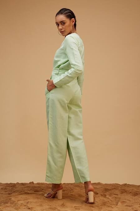 Shop Bohobi Green Linen Embroidery Scoop Neck Blossom Shirt With Trouser at Aza Fashions Shop_Bohobi_Green Linen Embroidery Scoop Neck Blossom Shirt With Trouser_at_Aza_Fashions