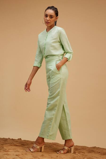 Bohobi Green Linen Embroidery Scoop Neck Blossom Shirt With Trouser Online at Aza Fashions Bohobi_Green Linen Embroidery Scoop Neck Blossom Shirt With Trouser_Online_at_Aza_Fashions