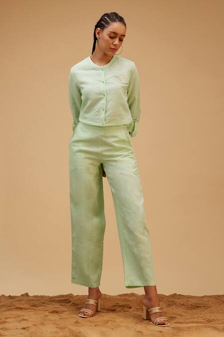 Buy Bohobi Green Linen Embroidery Scoop Neck Blossom Shirt With Trouser Online at Aza Fashions Buy_Bohobi_Green Linen Embroidery Scoop Neck Blossom Shirt With Trouser_Online_at_Aza_Fashions