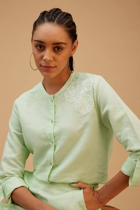 Shop Bohobi Green Linen Embroidery Scoop Neck Blossom Shirt With Trouser Online at Aza Fashions Shop_Bohobi_Green Linen Embroidery Scoop Neck Blossom Shirt With Trouser_Online_at_Aza_Fashions