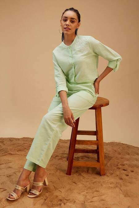 Bohobi Green Linen Embroidery Scoop Neck Blossom Shirt With Trouser at Aza Fashions Bohobi_Green Linen Embroidery Scoop Neck Blossom Shirt With Trouser_at_Aza_Fashions