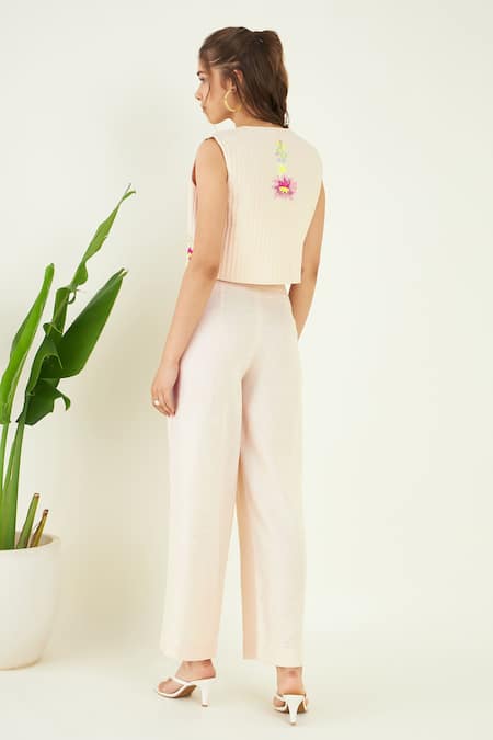 Shop_Bohobi_Pink Linen Embroidery Koen Florence Quilted Gilet With Trouser _at_Aza_Fashions