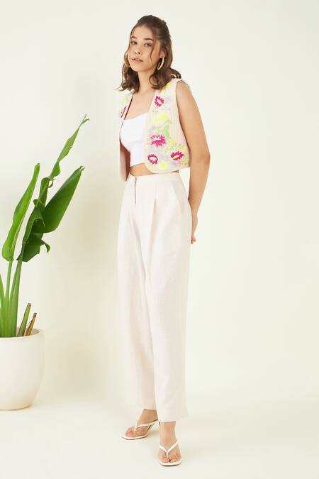 Buy_Bohobi_Pink Linen Embroidery Koen Florence Quilted Gilet With Trouser _Online_at_Aza_Fashions