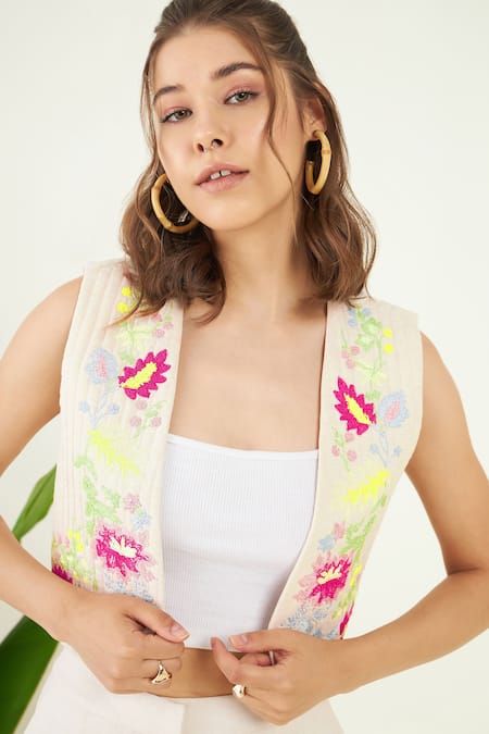 Shop_Bohobi_Pink Linen Embroidery Koen Florence Quilted Gilet With Trouser _Online_at_Aza_Fashions