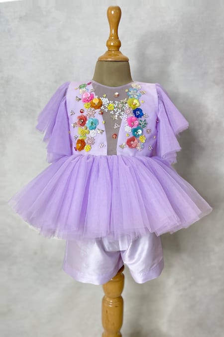 Karasa baby Purple Net Embroidery Sequin Charm Flower Top And Shorts Set  