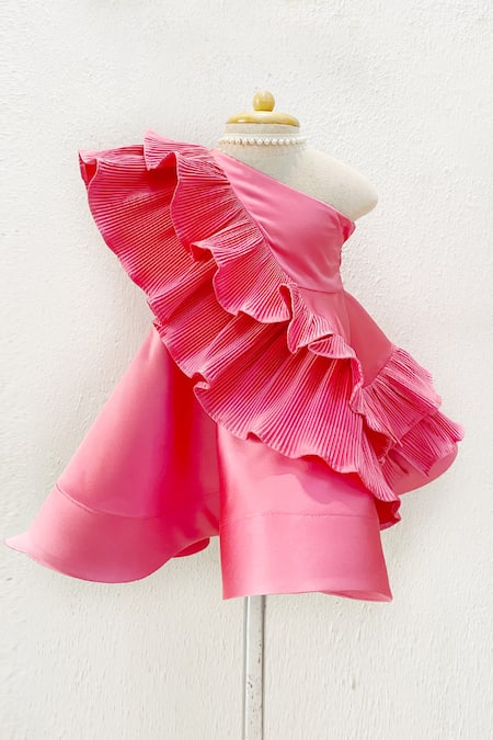 Karasa baby Pink Thick Satin Plain Desire One Shoulder Ruffle Dress  