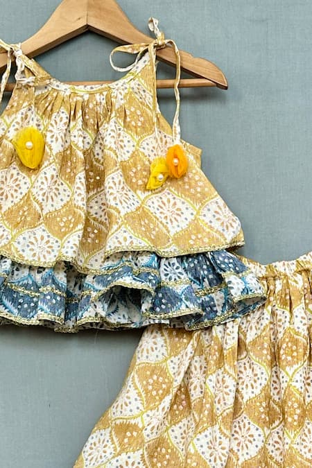 Label Neeti_Yellow Cotton Pearls, Embroidery, Lace Mughal Print Top And Lehenga Set _Online_at_Aza_Fashions