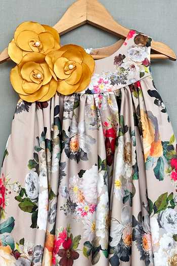 Label Neeti_Beige Satin, Cotton Fabric Flowers Floral Print Dress _Online_at_Aza_Fashions