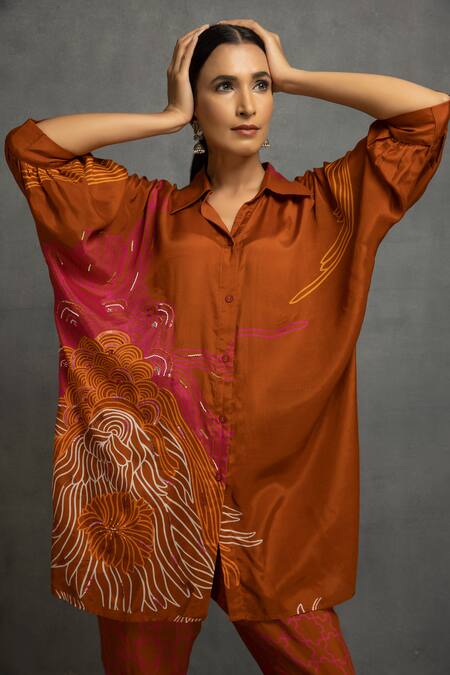 Kahani Lush Brown Cotton, Silk Collared Abstract Print Shirt And Pant Set Online at Aza Fashions Kahani Lush_Brown Cotton, Silk Collared Abstract Print Shirt And Pant Set _Online_at_Aza_Fashions