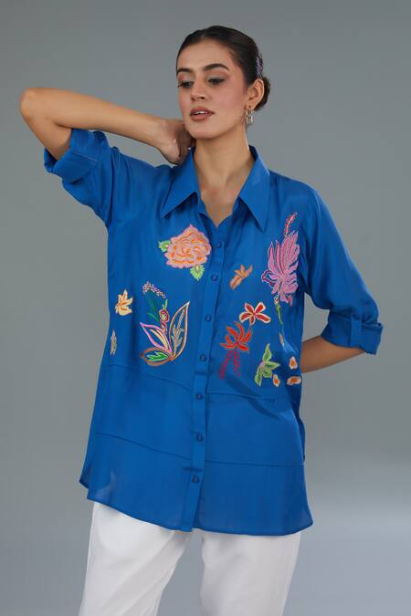 Kahani Lush_Blue Cotton, Silk Embroidery Collared Floral Shirt _Online_at_Aza_Fashions