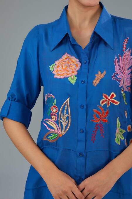 Buy_Kahani Lush_Blue Cotton, Silk Embroidery Collared Floral Shirt _Online_at_Aza_Fashions