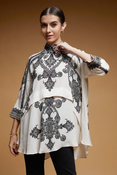 Nirraamyaa_Black Lace, Rhinestones Collared Ladder Embroidered Shirt_Online_at_Aza_Fashions