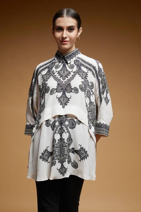 Buy_Nirraamyaa_Black Lace, Rhinestones Collared Ladder Embroidered Shirt_Online_at_Aza_Fashions