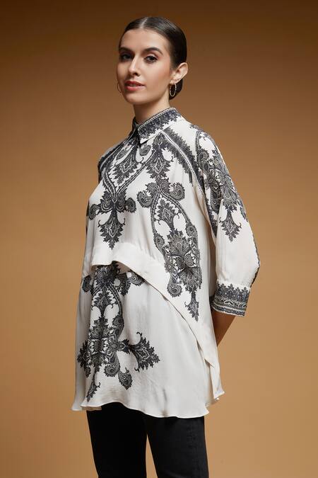 Shop_Nirraamyaa_Black Lace, Rhinestones Collared Ladder Embroidered Shirt_Online_at_Aza_Fashions
