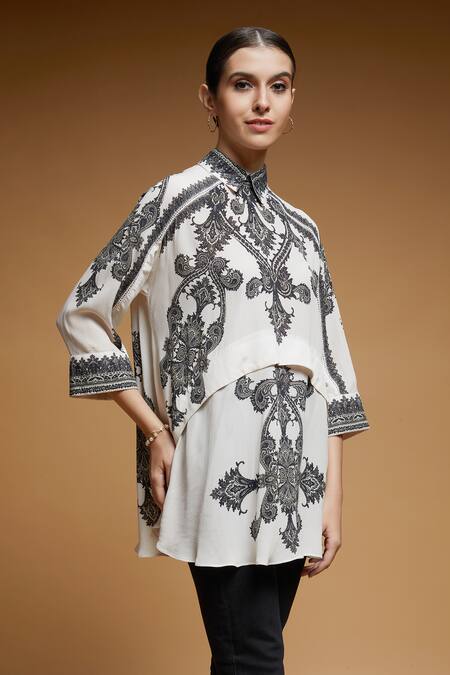 Nirraamyaa_Black Lace, Rhinestones Collared Ladder Embroidered Shirt_at_Aza_Fashions