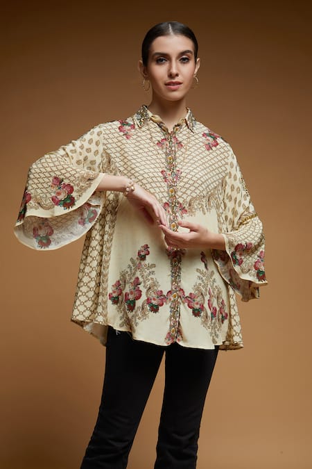 Nirraamyaa_Ivory Rhinestones Mandarin Collar Embroidered Shirt_Online_at_Aza_Fashions