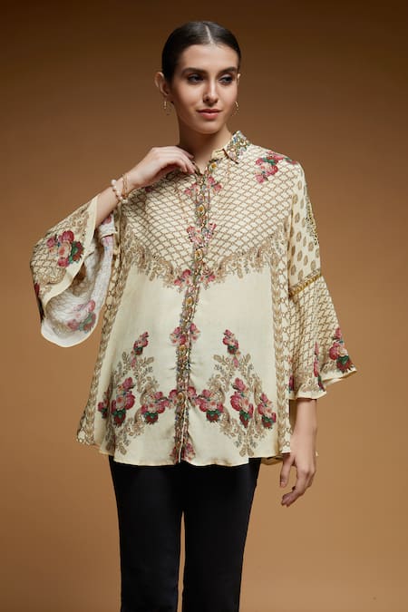 Buy_Nirraamyaa_Ivory Rhinestones Mandarin Collar Embroidered Shirt_Online_at_Aza_Fashions