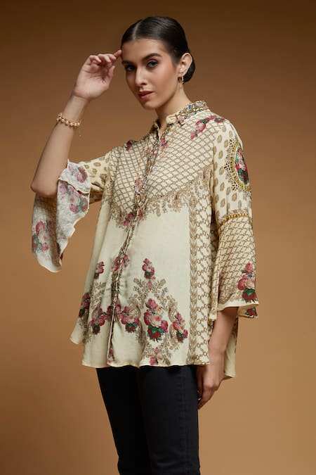 Shop_Nirraamyaa_Ivory Rhinestones Mandarin Collar Embroidered Shirt_Online_at_Aza_Fashions