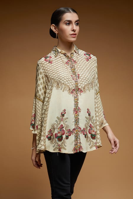 Nirraamyaa_Ivory Rhinestones Mandarin Collar Embroidered Shirt_at_Aza_Fashions