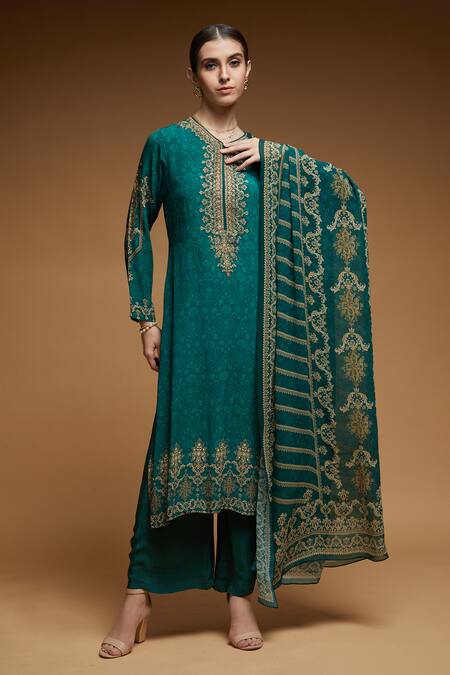 Nirraamyaa_Green Georgette Embroidery Round Neck Digital Print Kurta Pant Set_Online_at_Aza_Fashions