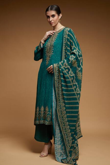 Buy_Nirraamyaa_Green Georgette Embroidery Round Neck Digital Print Kurta Pant Set_Online_at_Aza_Fashions