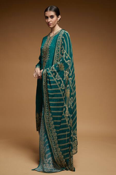 Shop_Nirraamyaa_Green Georgette Embroidery Round Neck Digital Print Kurta Pant Set_Online_at_Aza_Fashions