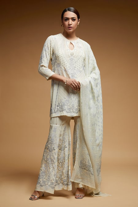 NIRRAAMYAA Rhinestone Embroidered Kurta Sharara Set 