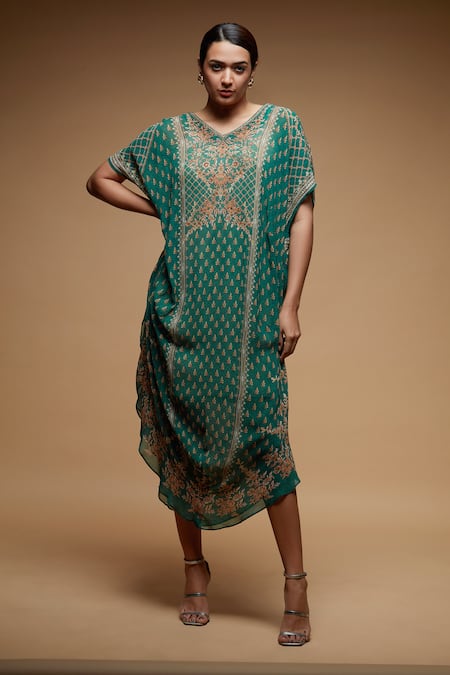 NIRRAAMYAA Green Viscose Georgette Print Floral Mandala V Neck Tunic 