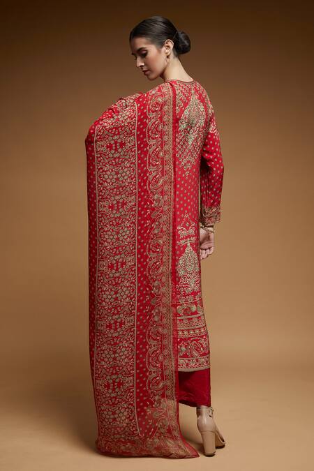 Buy_Nirraamyaa_Red Georgette Rhinestones Keyhole Neck Flower Butti Print Kurta Pant Set_Online_at_Aza_Fashions