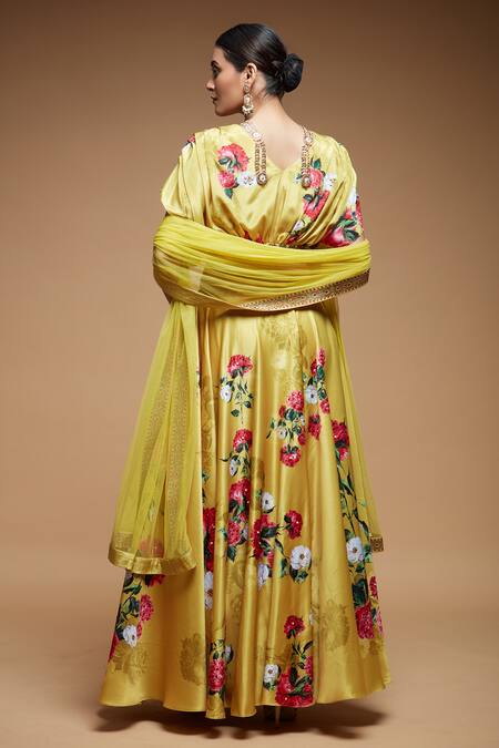 Shop Nirraamyaa Yellow Denim, Polyester Embroidery V-neck Floral Bloom Print Lehenga Set at Aza Fashions Shop_Nirraamyaa_Yellow Denim, Polyester Embroidery V-neck Floral Bloom Print Lehenga Set_at_Aza_Fashions