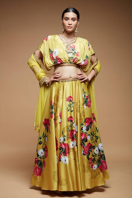 Nirraamyaa Yellow Denim, Polyester Embroidery V-neck Floral Bloom Print Lehenga Set Online at Aza Fashions Nirraamyaa_Yellow Denim, Polyester Embroidery V-neck Floral Bloom Print Lehenga Set_Online_at_Aza_Fashions