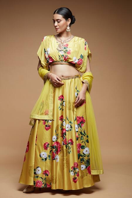 Buy Nirraamyaa Yellow Denim, Polyester Embroidery V-neck Floral Bloom Print Lehenga Set Online at Aza Fashions Buy_Nirraamyaa_Yellow Denim, Polyester Embroidery V-neck Floral Bloom Print Lehenga Set_Online_at_Aza_Fashions