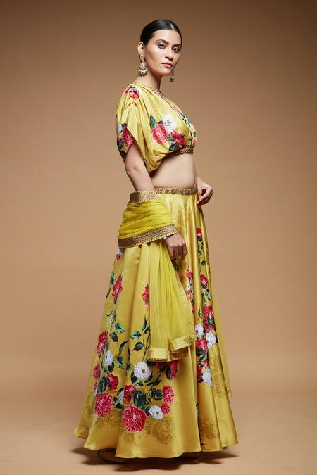Shop Nirraamyaa Yellow Denim, Polyester Embroidery V-neck Floral Bloom Print Lehenga Set Online at Aza Fashions Shop_Nirraamyaa_Yellow Denim, Polyester Embroidery V-neck Floral Bloom Print Lehenga Set_Online_at_Aza_Fashions