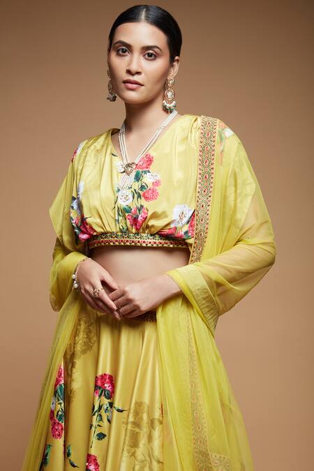 Nirraamyaa Yellow Denim, Polyester Embroidery V-neck Floral Bloom Print Lehenga Set at Aza Fashions Nirraamyaa_Yellow Denim, Polyester Embroidery V-neck Floral Bloom Print Lehenga Set_at_Aza_Fashions