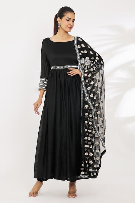 Surendri Black Embroidery Thread Boat Neck Sleeve Anarkali Set 