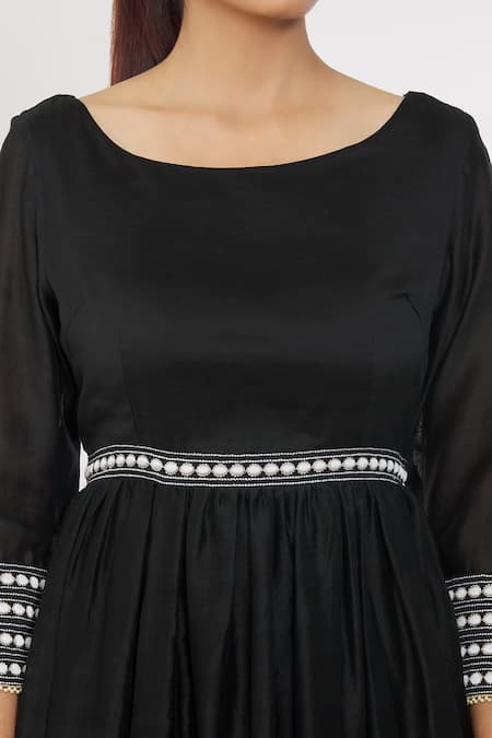 Buy_Surendri_Black Chiffon Pearls, Embroidery Boat Neck Thread Sleeve Anarkali Set _Online_at_Aza_Fashions