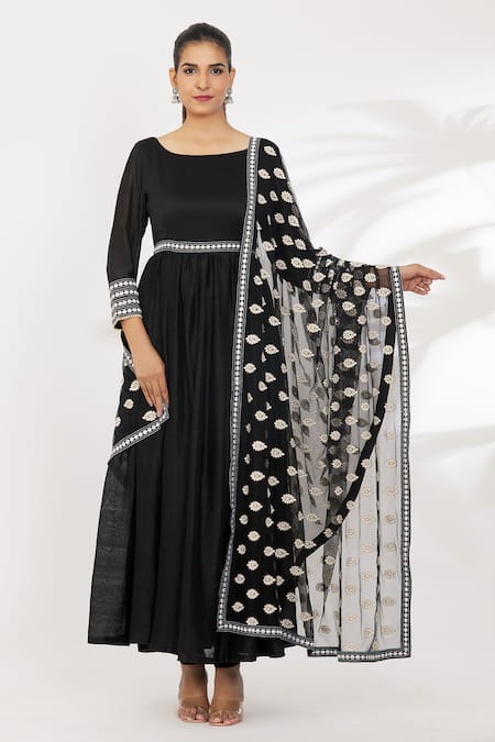 Surendri_Black Chiffon Pearls, Embroidery Boat Neck Thread Sleeve Anarkali Set _at_Aza_Fashions