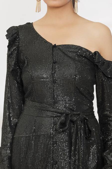 Deme By Gabriella Black Sequins Sweetheart Neck Work Dress With Belt Online at Aza Fashions Deme By Gabriella_Black Sequins Sweetheart Neck Work Dress With Belt _Online_at_Aza_Fashions