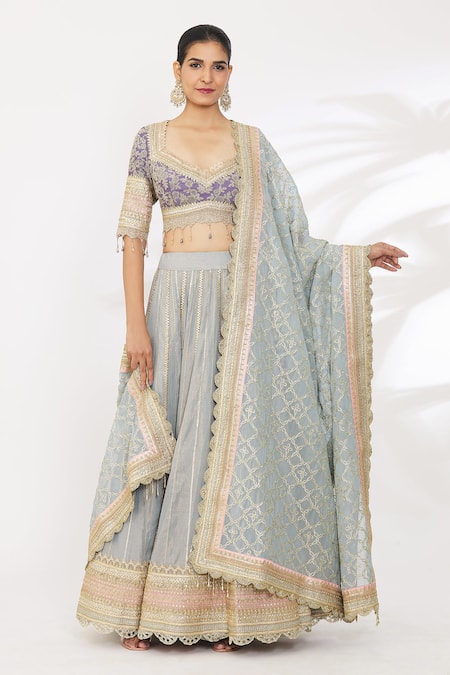 SHIKHAR SHARMA Grey Embroidery Gota Sweetheart Neck Stripe Lehenga Set 